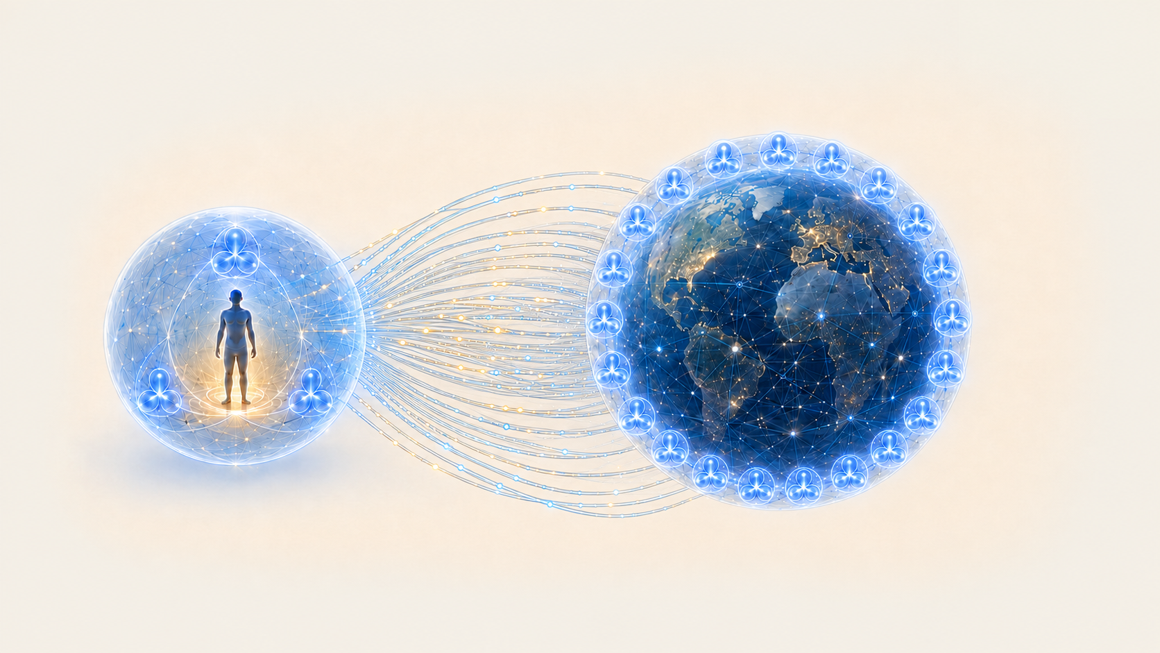 An Individual Hologron connected by clearly defined luminous threads to a Planetary Hologron composed of many smaller Hologron cells