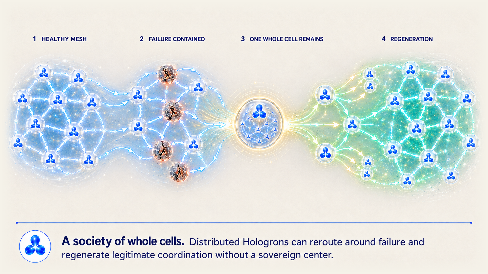 A Hologratic mesh containing failure, preserving one whole cell and regenerating a complete distributed structure